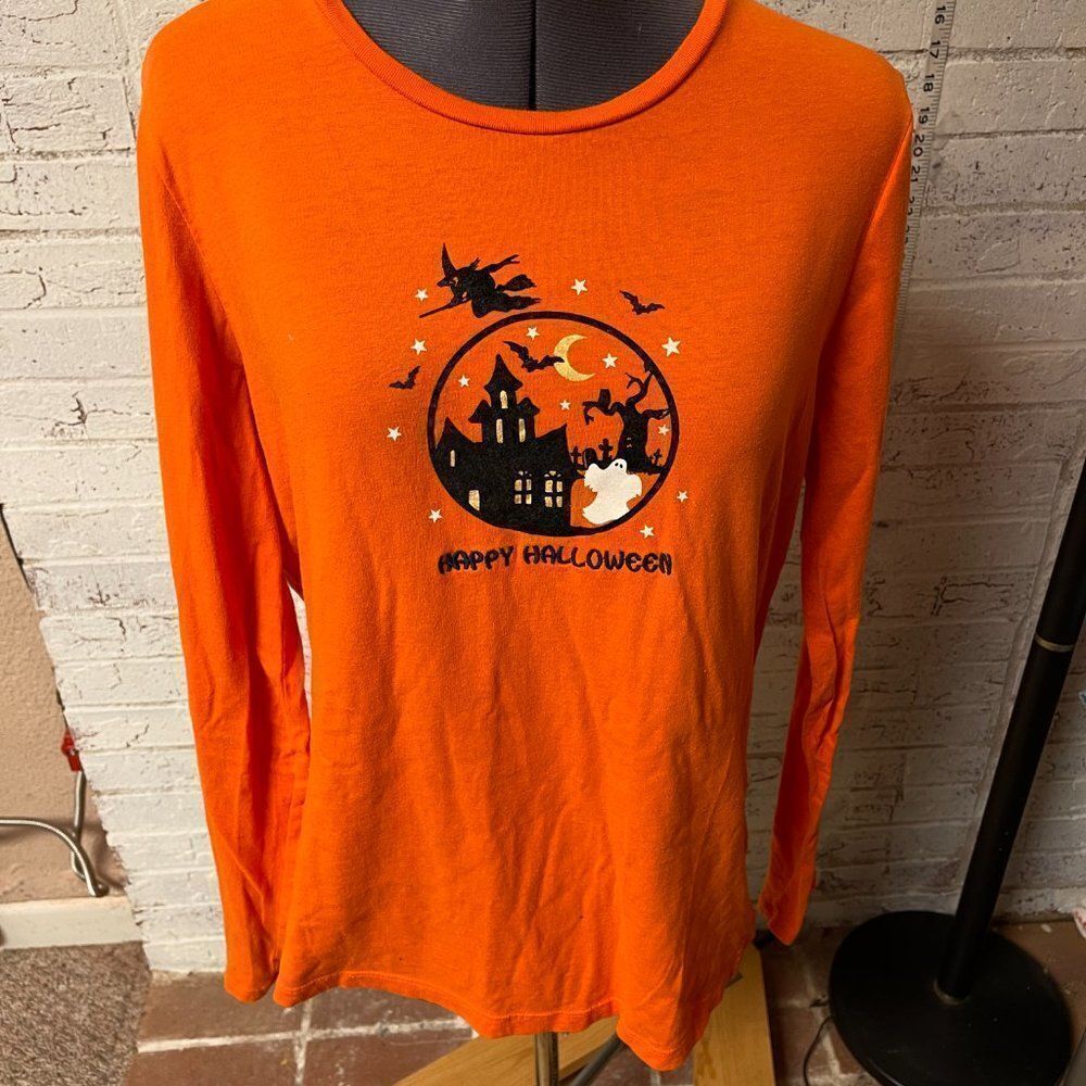 Happy Halloween Orange Black Witch Long SLeeve Tshirt XL - Picture 2 of 9